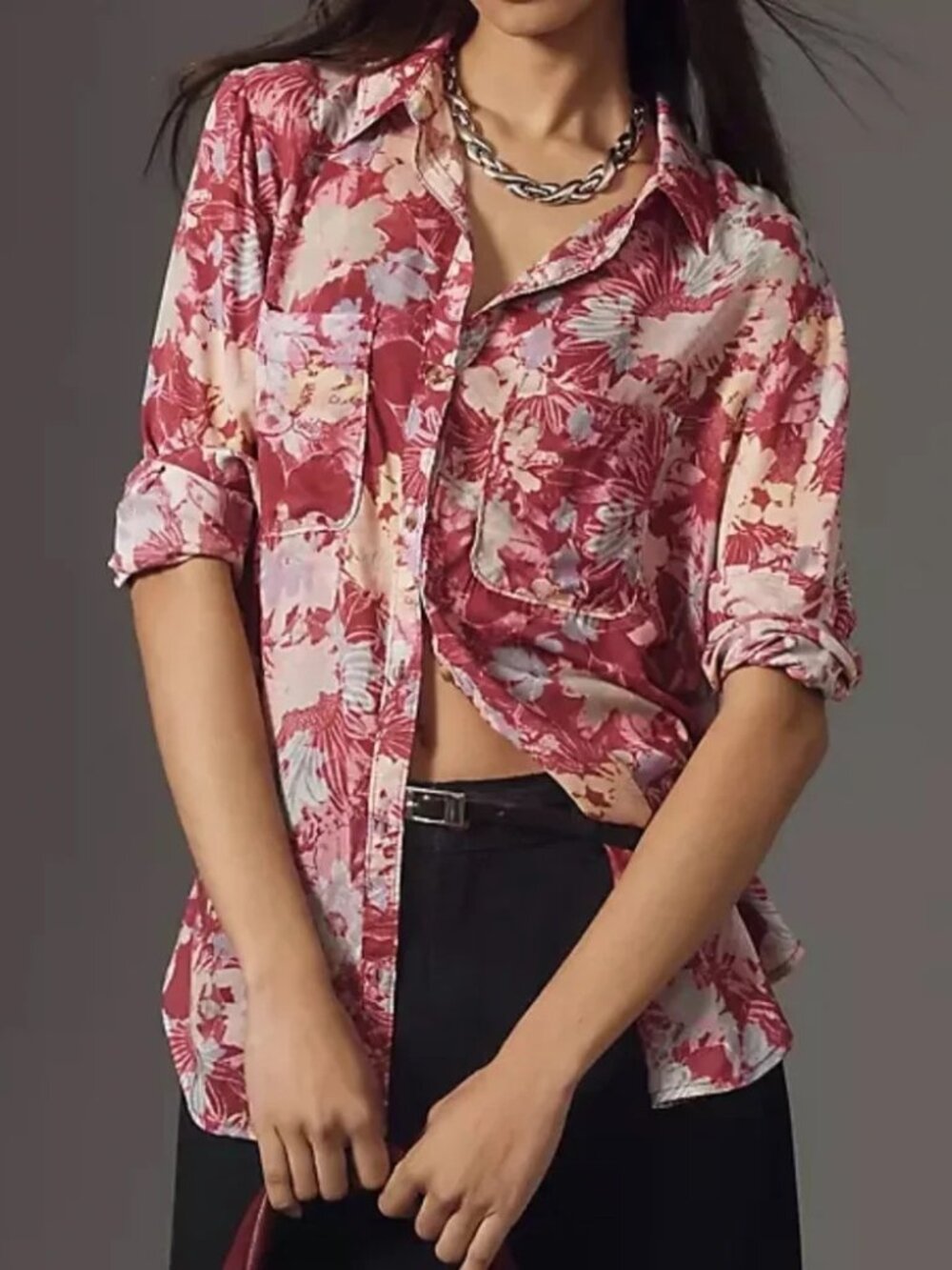 Pilcro Anthropologie Raspberry Floral Relaxed Boho Button Down Shirt Modal Small